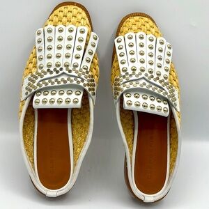 CLERGERIE Paris white leather & straw, fringed and studded mules/slides  size 36